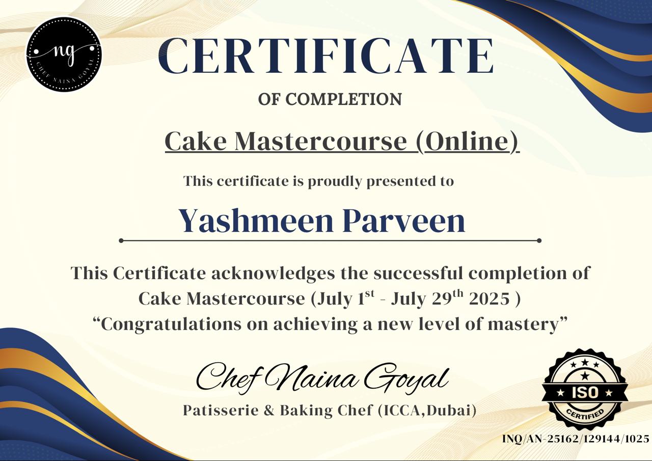 Cake Mastery Diploma Course Certificate